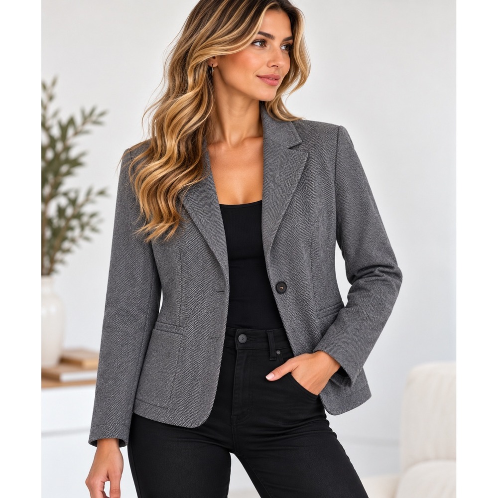 Lands' End Blazer Women's Large Petite Gray Herringbone Cotton Knit Jacket